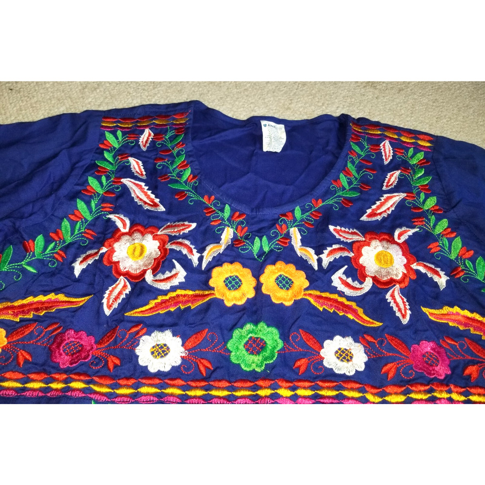 Womens Dress-ANJLI-blue multicolor floral embroidered BOHO art-to-wear-1 Size/L - Picture 2 of 5